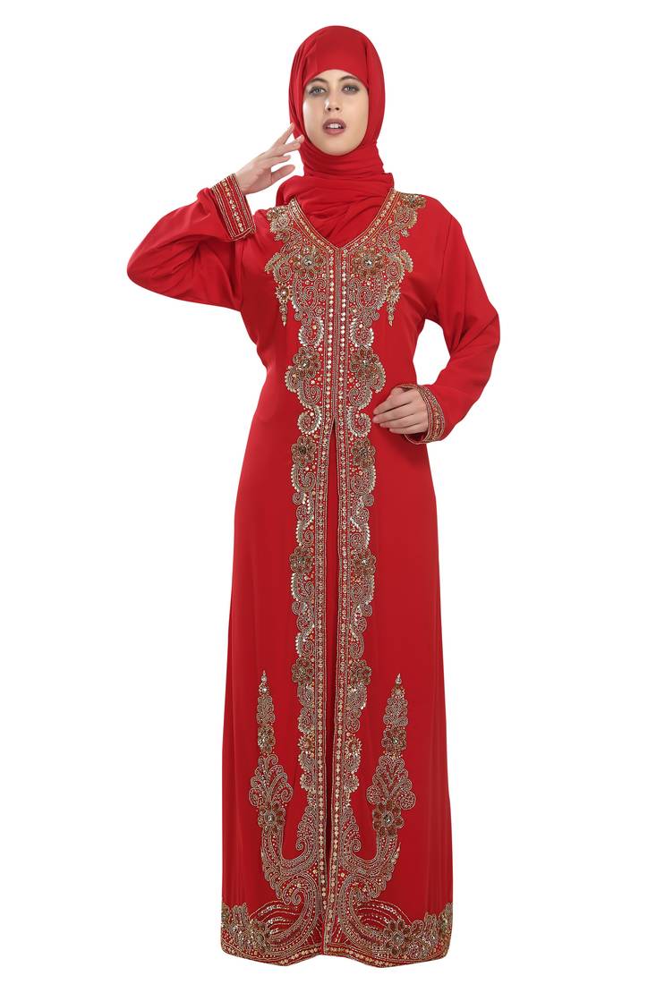 Red embroidered georgette moroccan islamic kaftans