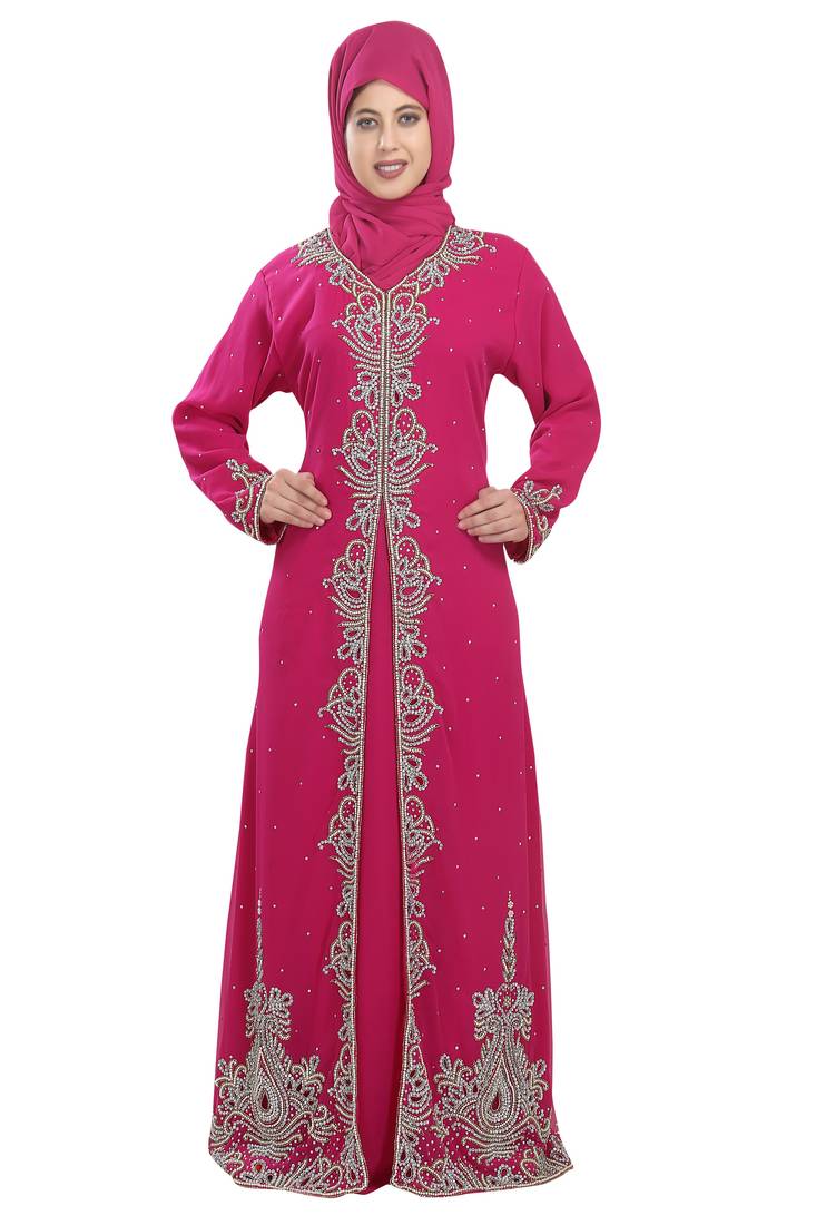 Pink embroidered georgette moroccan islamic kaftans