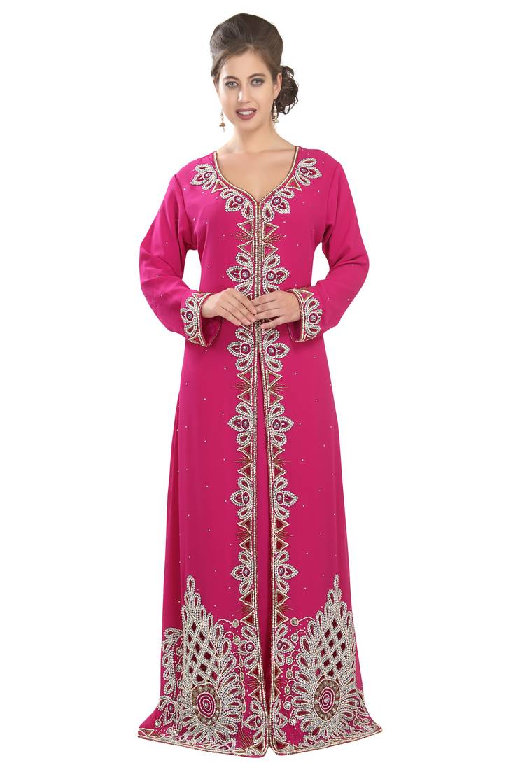 Pink embroidered georgette moroccan islamic kaftans