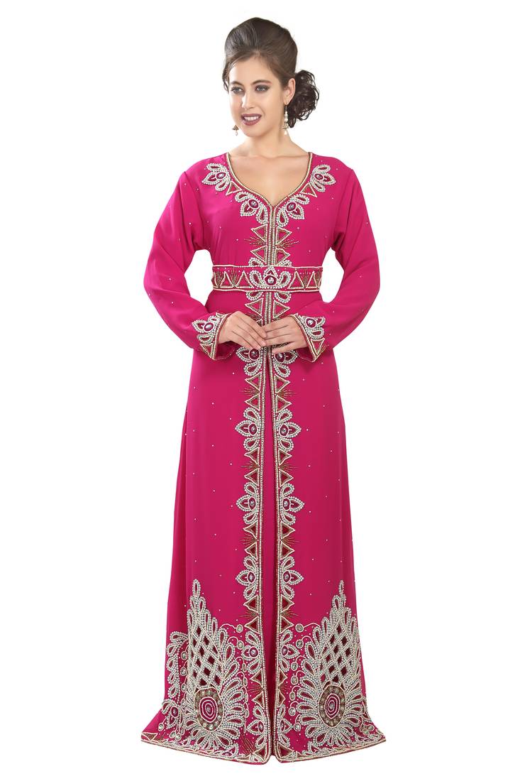 Pink embroidered georgette moroccan islamic kaftans