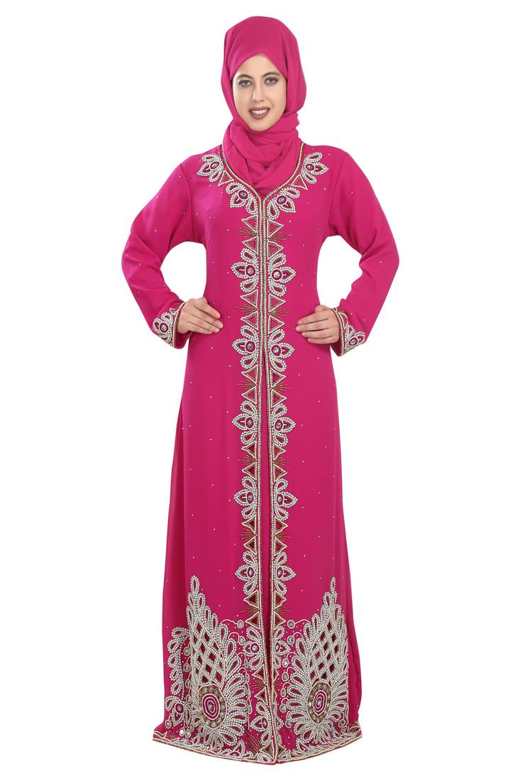 Pink embroidered georgette moroccan islamic kaftans