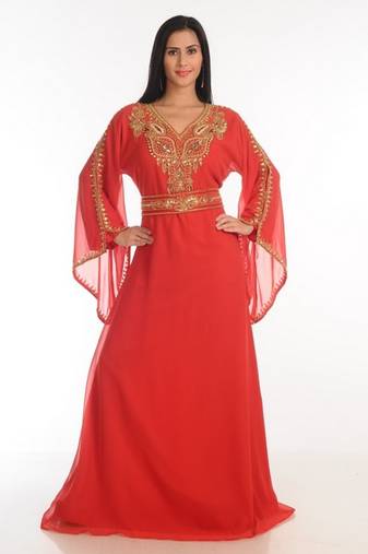 Red embroidered georgette moroccan islamic kaftans