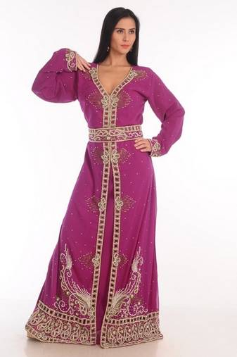 Purple embroidered georgette moroccan islamic kaftans