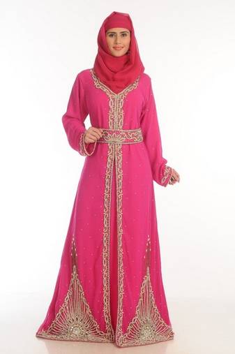 Pink embroidered georgette moroccan islamic kaftans