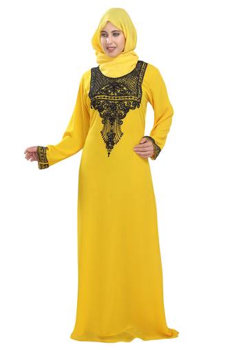 Yellow embroidered georgette moroccan islamic kaftans