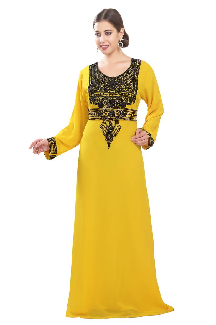 Yellow embroidered georgette moroccan islamic kaftans