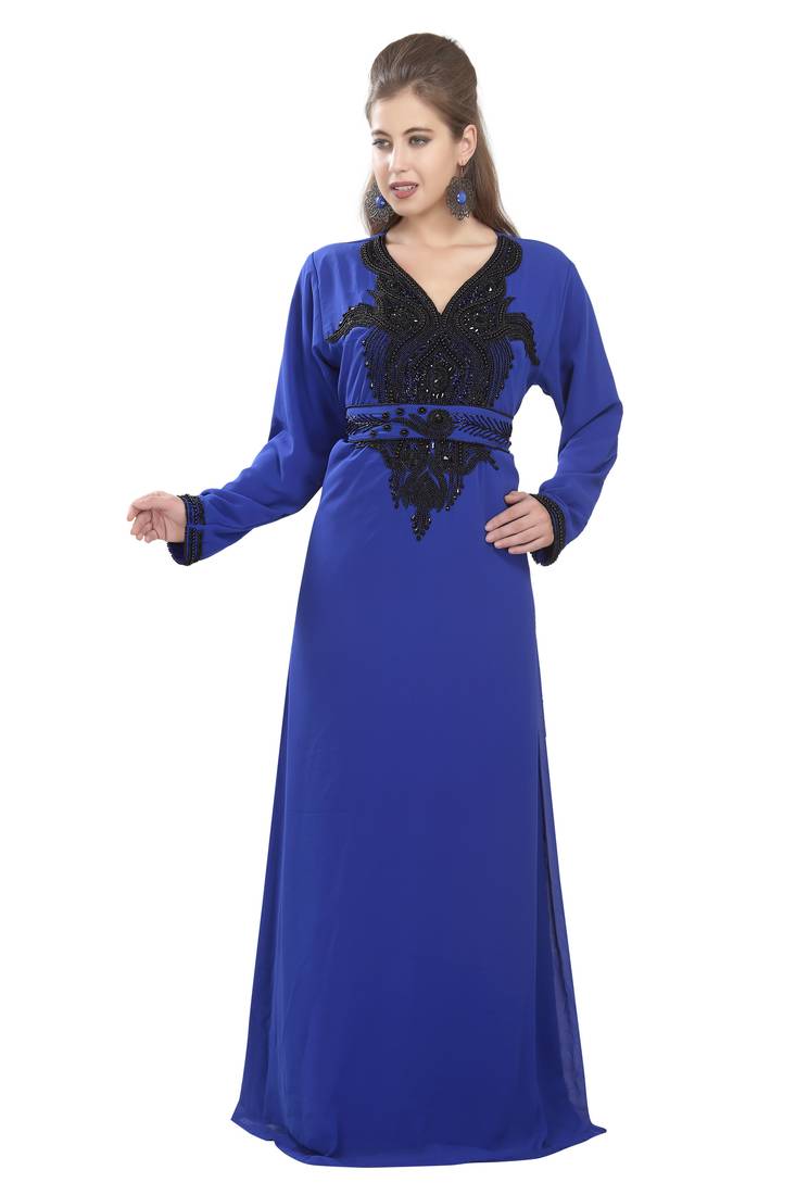 Royal blue embroidered georgette moroccan islamic kaftans
