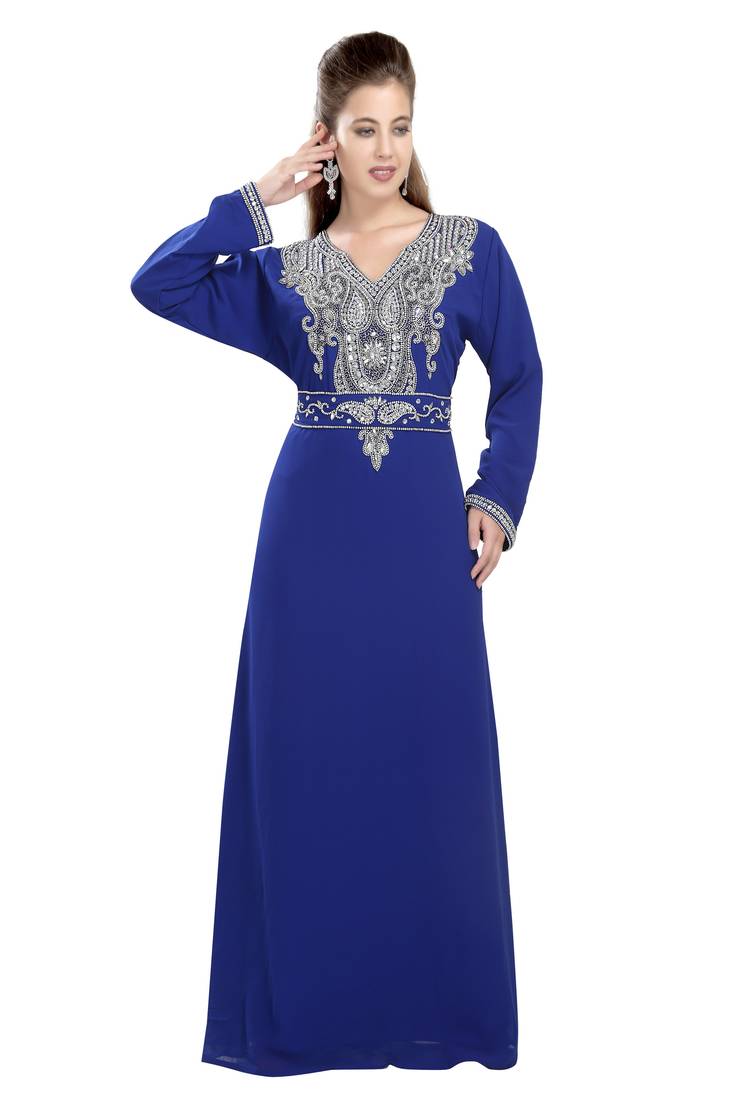 Royal blue embroidered georgette moroccan islamic kaftans