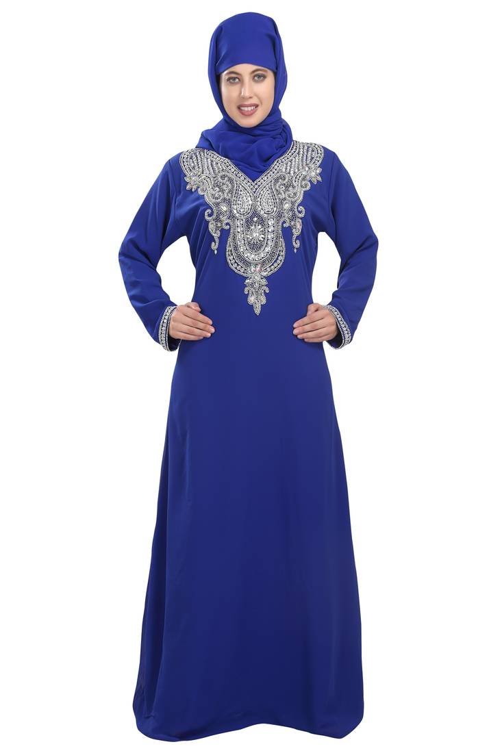 Royal blue embroidered georgette moroccan islamic kaftans