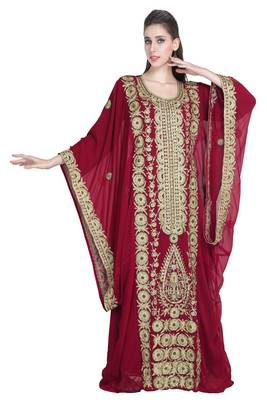 Maroon embroidered georgette moroccan islamic kaftans 1