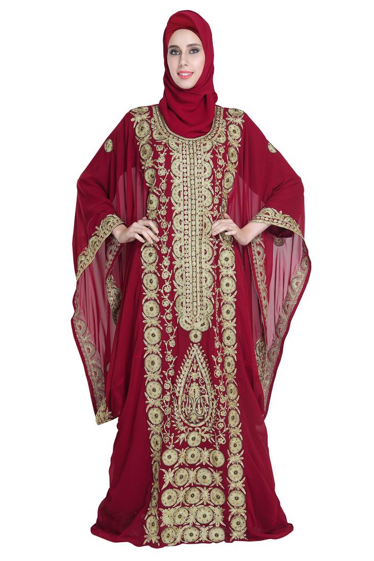 Maroon embroidered georgette moroccan islamic kaftans