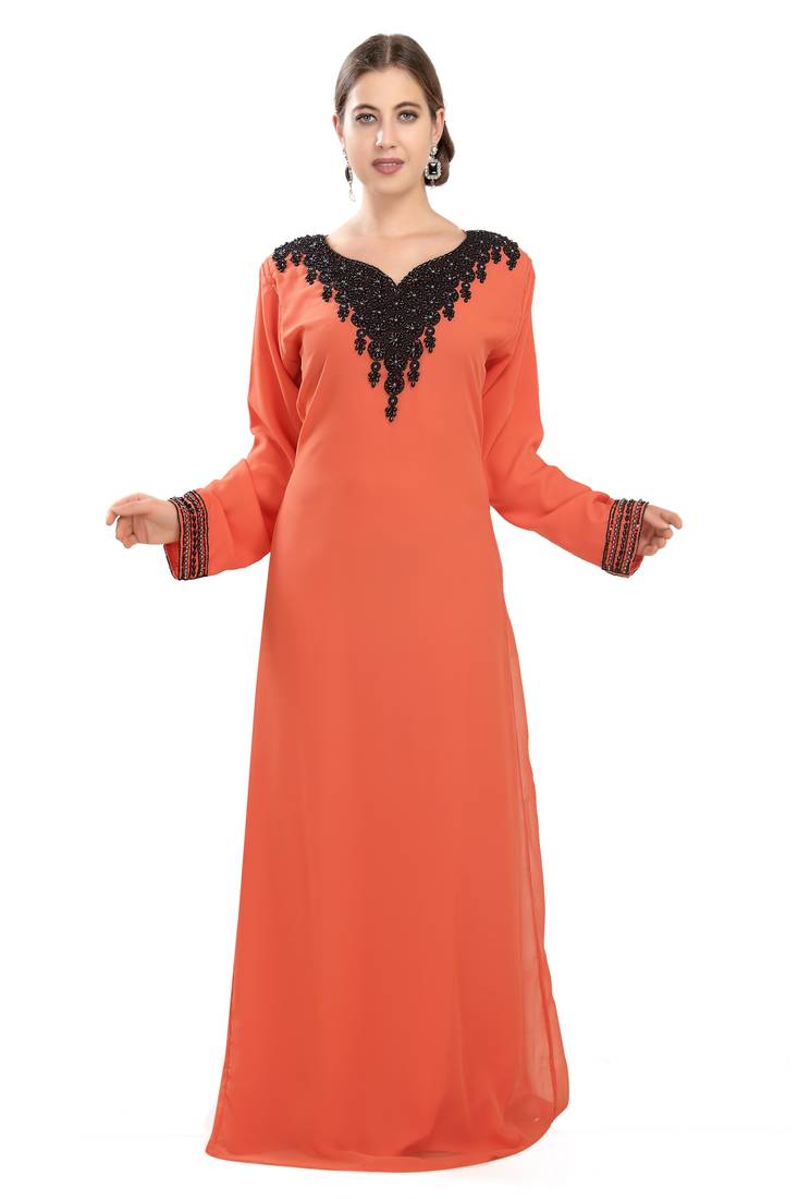 Tomato embroidered georgette moroccan islamic kaftans