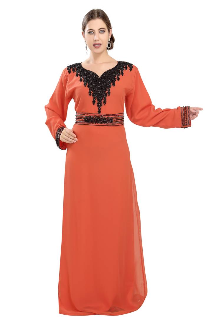 Tomato embroidered georgette moroccan islamic kaftans