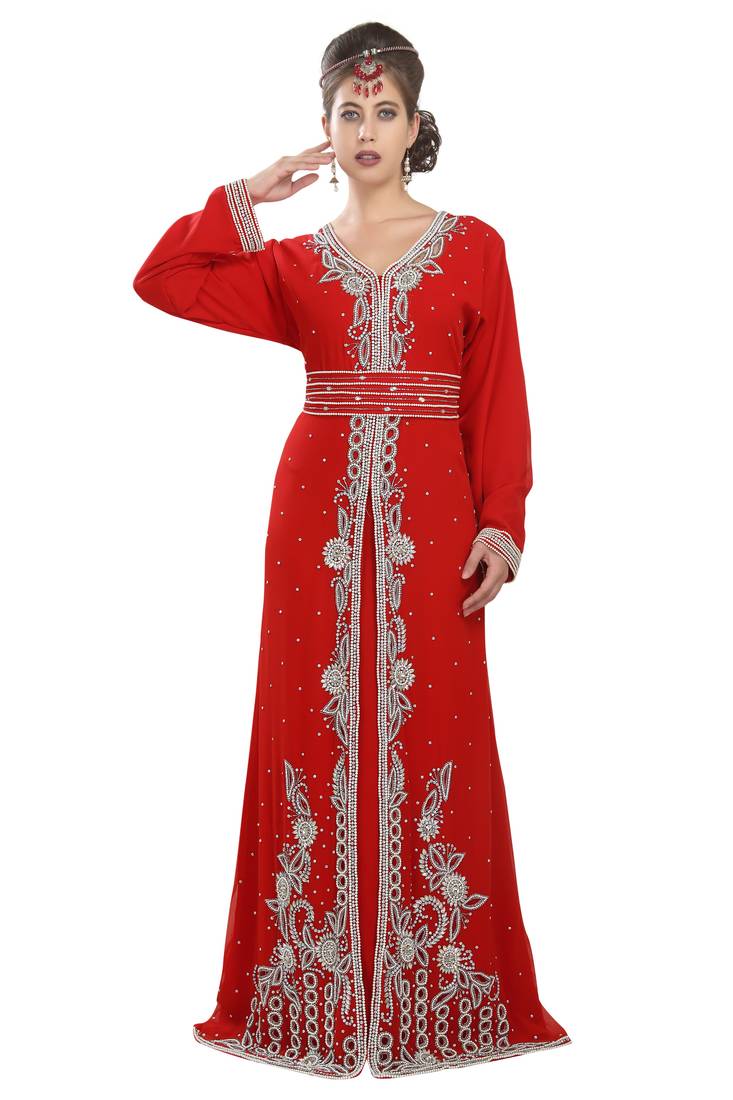 Red embroidered georgette moroccan islamic kaftans