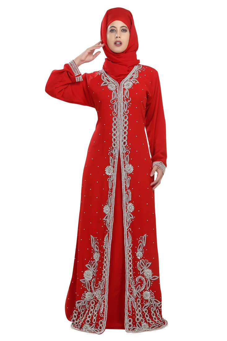 Red embroidered georgette moroccan islamic kaftans