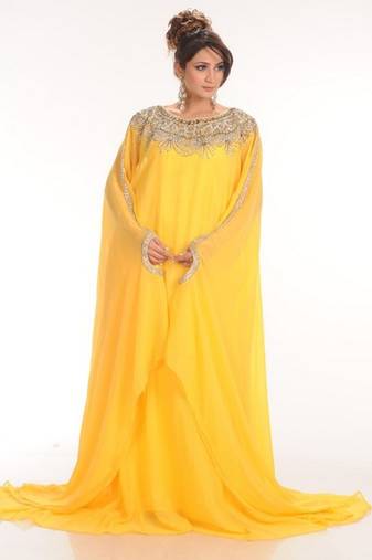 Yellow embroidered georgette moroccan islamic kaftans