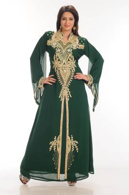 Bottle green embroidered georgette moroccan islamic kaftans 1