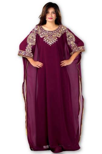 Wine embroidered georgette moroccan islamic kaftans
