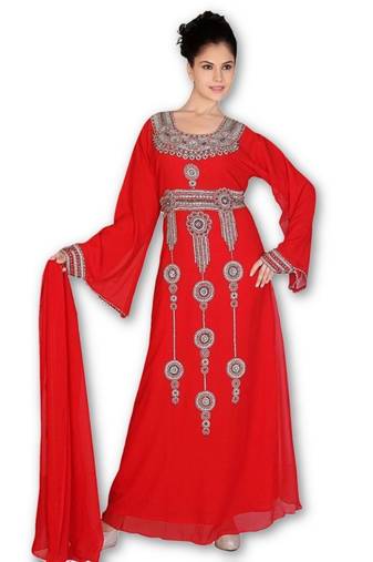 Red embroidered georgette moroccan islamic kaftans