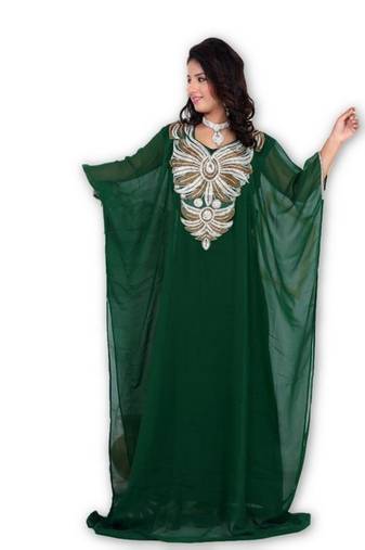 Bottle green embroidered georgette moroccan islamic kaftans