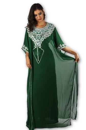 Bottle green embroidered georgette moroccan islamic kaftans