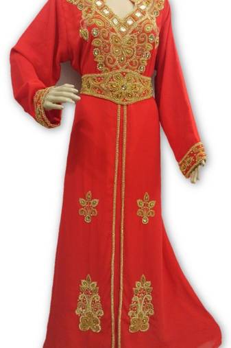 Red embroidered georgette moroccan islamic kaftans