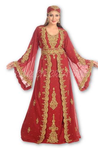 Maroon embroidered georgette moroccan islamic kaftans