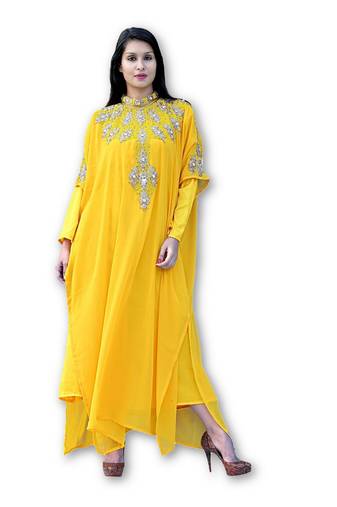 Yellow embroidered georgette moroccan islamic kaftans
