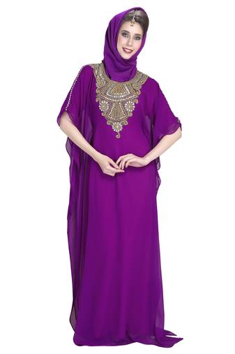 Purple embroidered georgette moroccan islamic kaftans