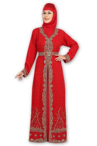 Red embroidered georgette moroccan islamic kaftans