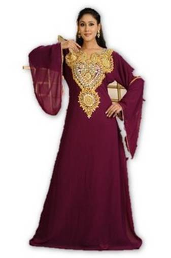 Wine embroidered georgette moroccan islamic kaftans