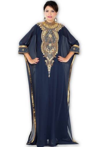 Navy blue embroidered georgette moroccan islamic kaftans