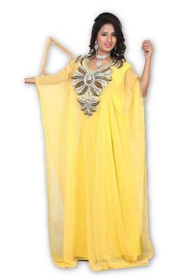 Yellow embroidered georgette moroccan islamic kaftans 1
