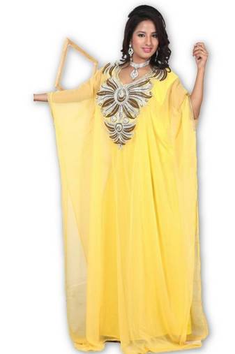 Yellow embroidered georgette moroccan islamic kaftans