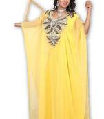 Yellow embroidered georgette moroccan islamic kaftans