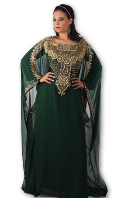 Bottle green embroidered georgette moroccan islamic kaftans 1