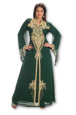 Bottle green embroidered georgette moroccan islamic kaftans 1