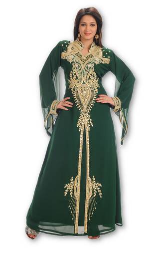 Bottle green embroidered georgette moroccan islamic kaftans