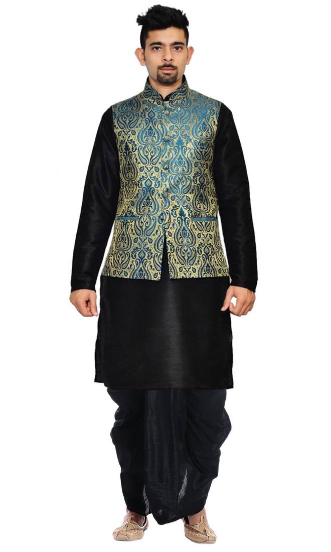 Black Woven Art Silk Dhoti Kurta
