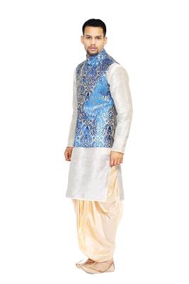 White Woven Art Silk Dhoti Kurta 2
