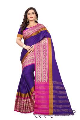 Purple Plain Cotton Silk Saree With Blouse 1