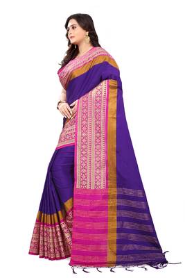 Purple Plain Cotton Silk Saree With Blouse 4