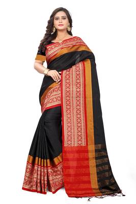   black plain cotton silk saree with blouse 1