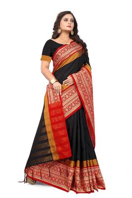   black plain cotton silk saree with blouse 3