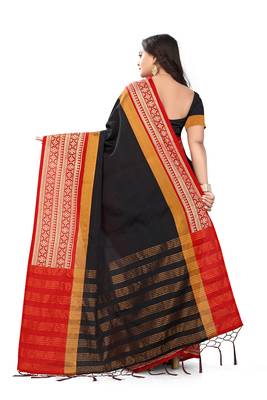   black plain cotton silk saree with blouse 5