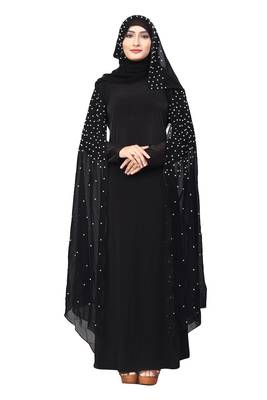 Black Color Lycra And Chiffon Abaya Burkha With Pearl Work And Hijab Scarf For Women 1