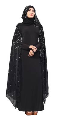 Black Color Lycra And Chiffon Abaya Burkha With Pearl Work And Hijab Scarf For Women 2