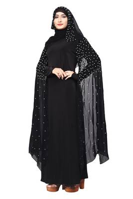 Black Color Lycra And Chiffon Abaya Burkha With Pearl Work And Hijab Scarf For Women 3