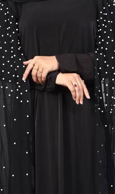 Black Color Lycra And Chiffon Abaya Burkha With Pearl Work And Hijab Scarf For Women 4