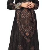 Black Color Printed Satin With Chiffon Abaya Burkha With Waist Belt Style And Hijab Scarf For Women